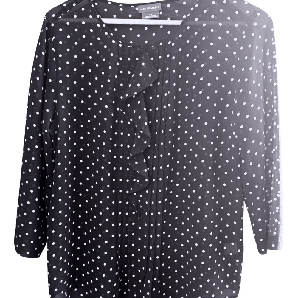 Van Heusen Womens Sheer Blouse Size M Navy with White Polka Dots